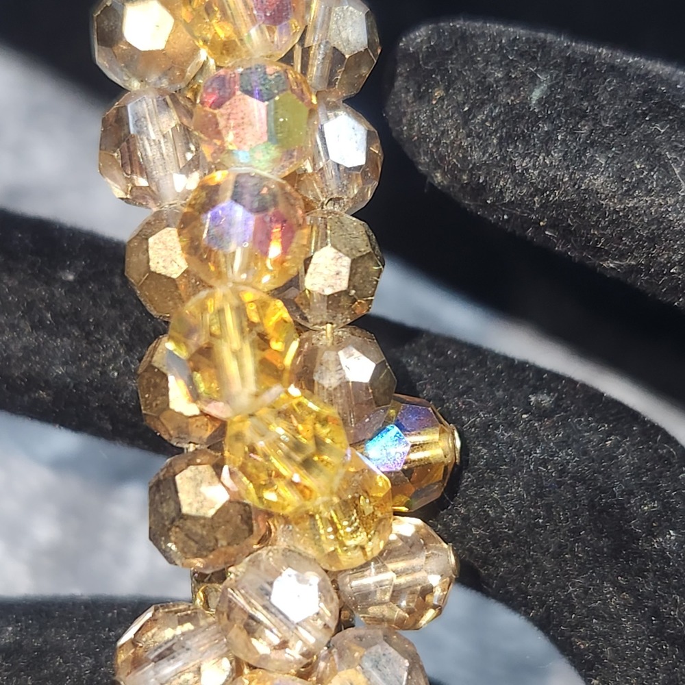 Vintage Amber AB Crystal Bead Bar Brooch Gold Tone Iridescent Cluster Pin